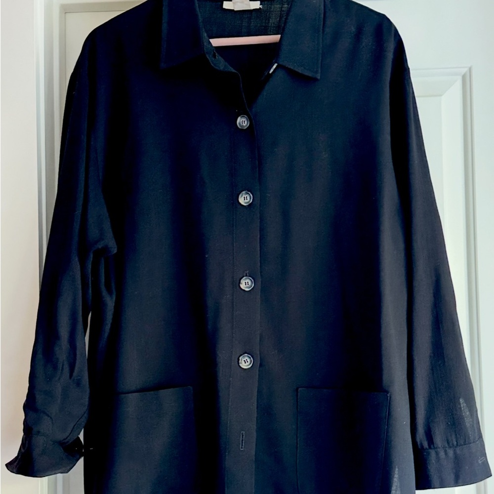 J. Jill Black Light Worsted Wool Oversized Shirt Topper w Patch Pockets L